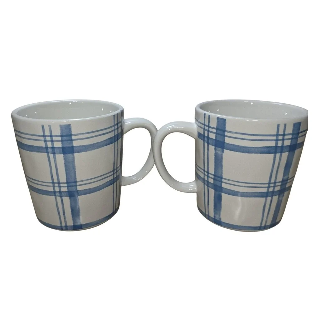 Pier 1 Blue Plaid Ceramic Coffee Mugs Set Of 2 Stackable Dishwasher Safe